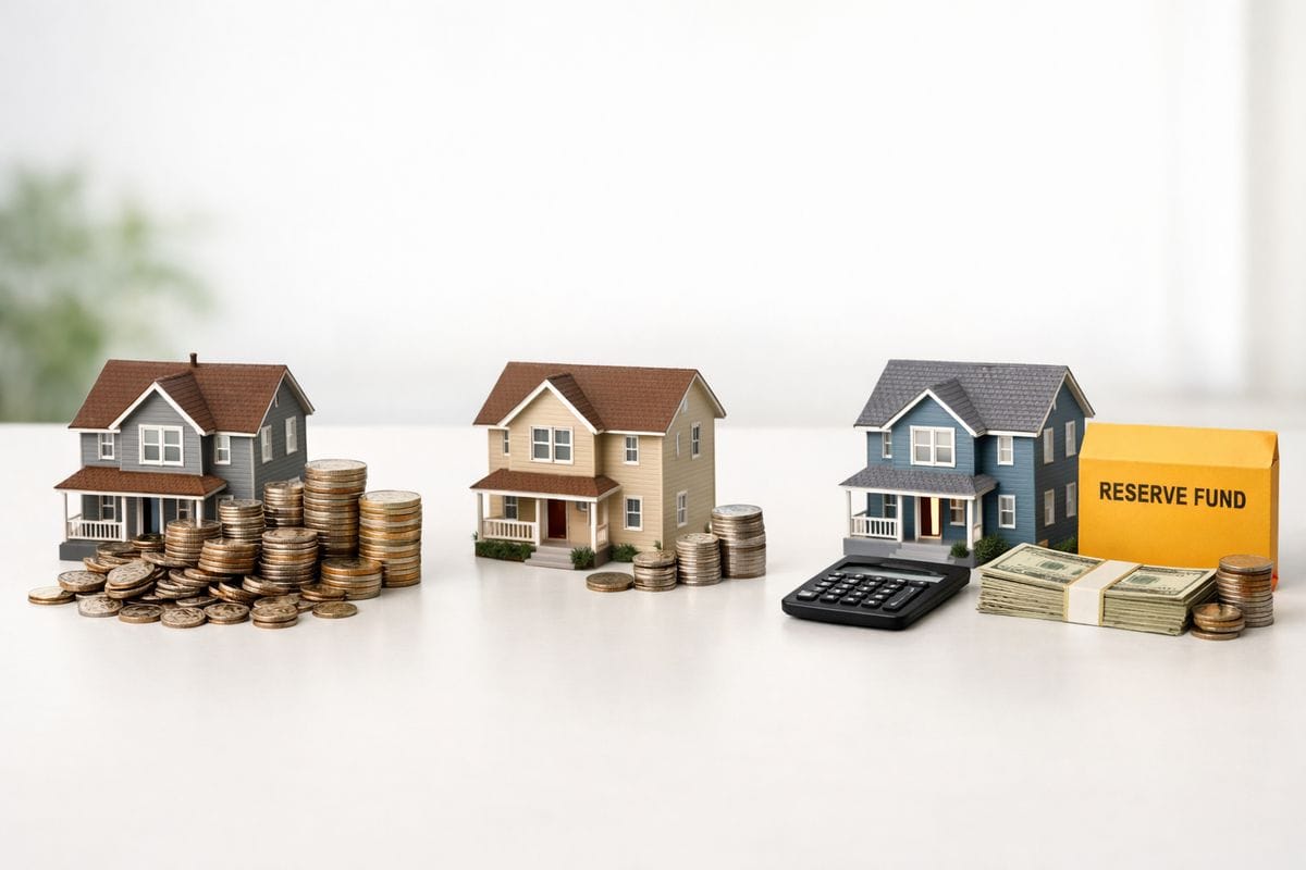 A side-by-side comparison of three small rental property models on a desk, each beside stacks of coins and a calculator, with one showing more cash left over, one showing a smaller pile, and one connected to a separate reserve cash envelope to represent different ownership outcomes