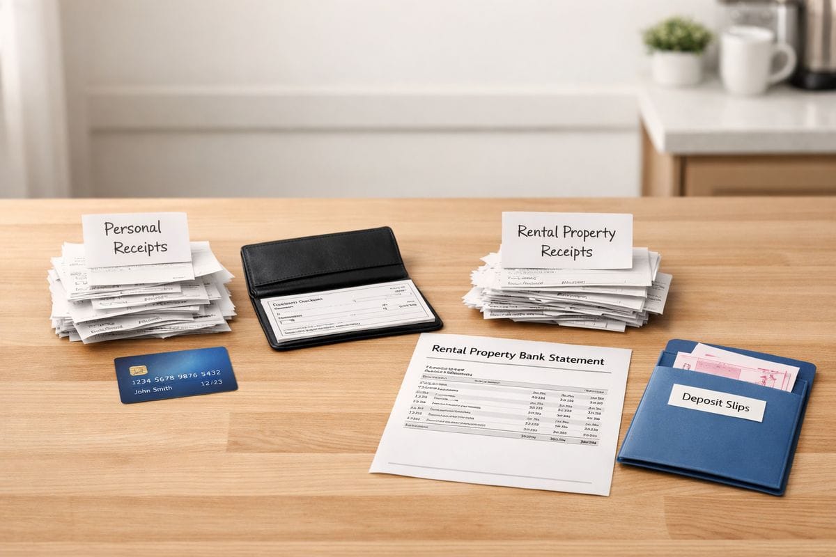 A kitchen table covered with two separate stacks of receipts, a business checkbook, a personal credit card, a rental property bank statement, and a folder of deposit slips, with one set of papers clearly separated into two piles to show clean separation between personal and rental transactions.
