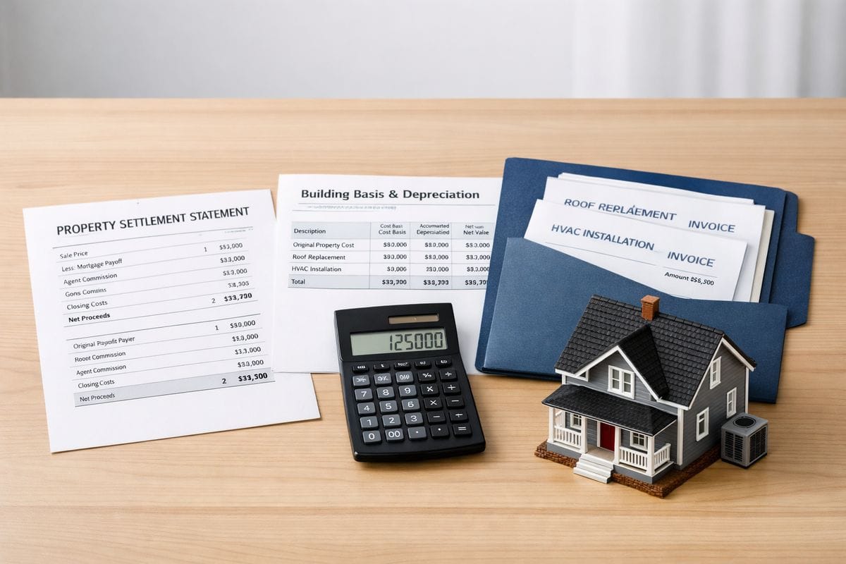 A desk with a printed property settlement statement, a simple spreadsheet printout for building basis and accumulated depreciation, a calculator, and a folder containing invoices for a roof replacement and HVAC installation, alongside a small house model representing the rental property and its capital improvements.