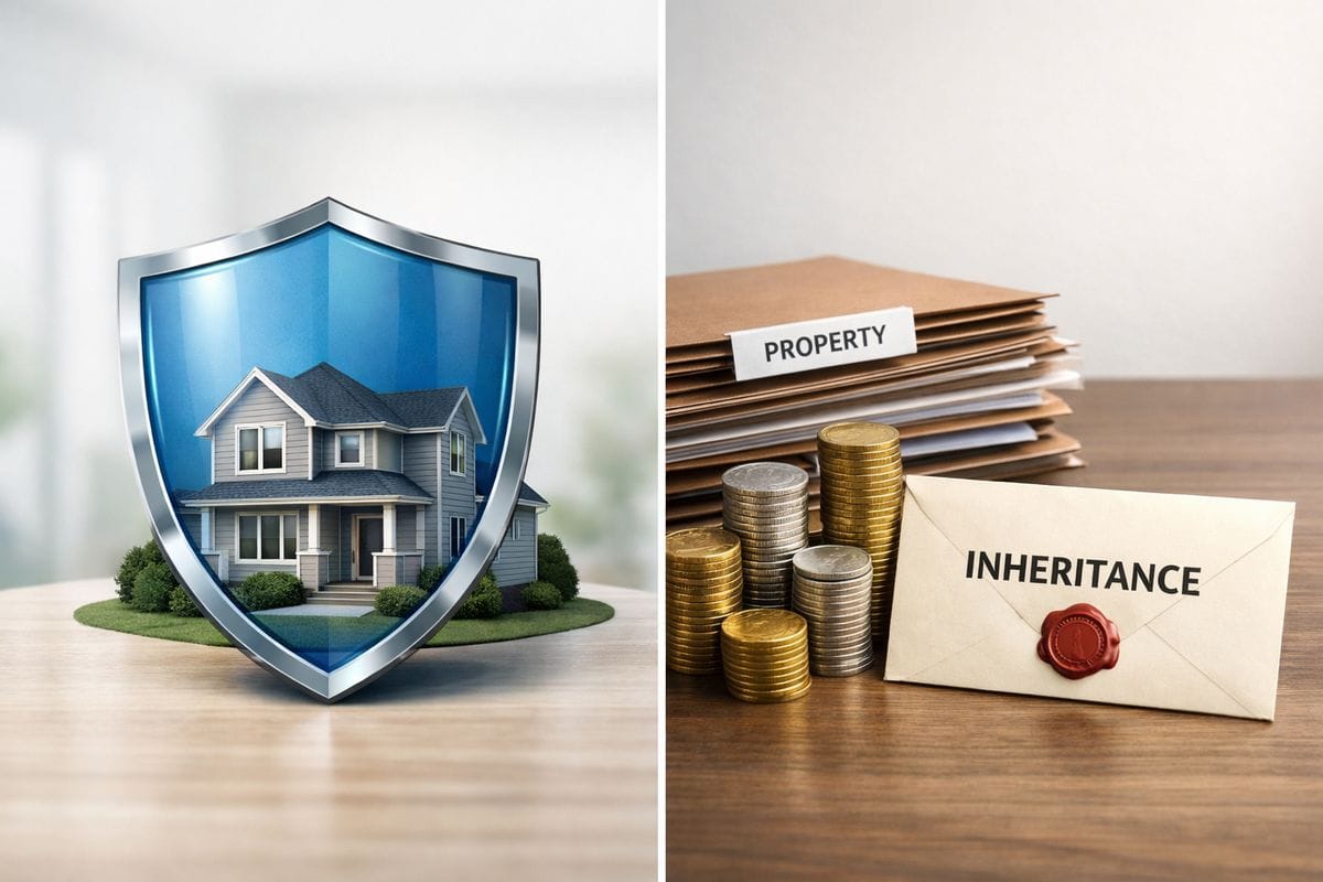 A split visual scene showing a single rental house wrapped in a legal shield on one side, and on the other side stacked property folders, coin stacks, and an inheritance envelope arranged to suggest liability protection, tax flow, and transfer planning