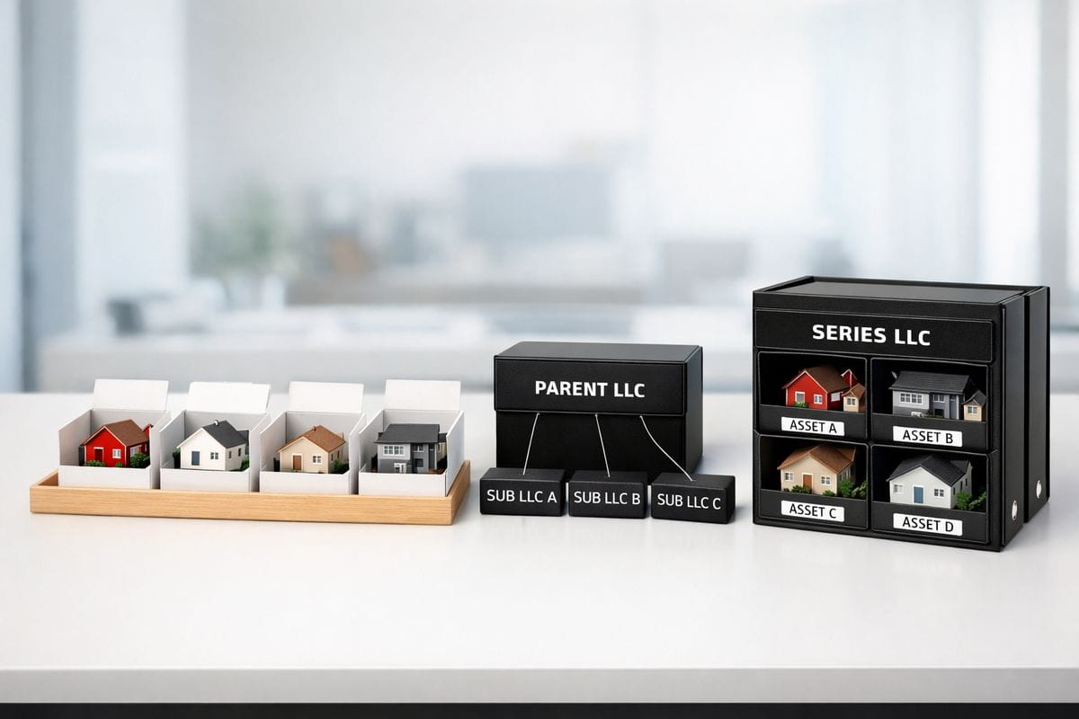 A row of property models on a desk organized in different containers: one container holding all the houses together, separate small boxes for each house, a parent box connected to subsidiary boxes with strings, and a segmented binder representing a Texas series LLC with multiple asset compartments