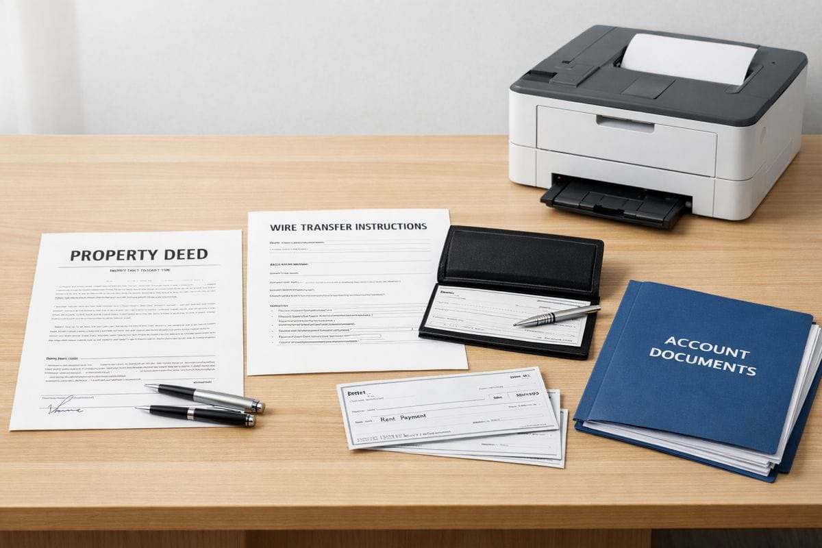 A closing table with a property deed, wire transfer paperwork, a checkbook, rent checks, and a folder of account documents arranged beside a small office printer, showing the flow of real estate transactions and recordkeeping inside an IRA