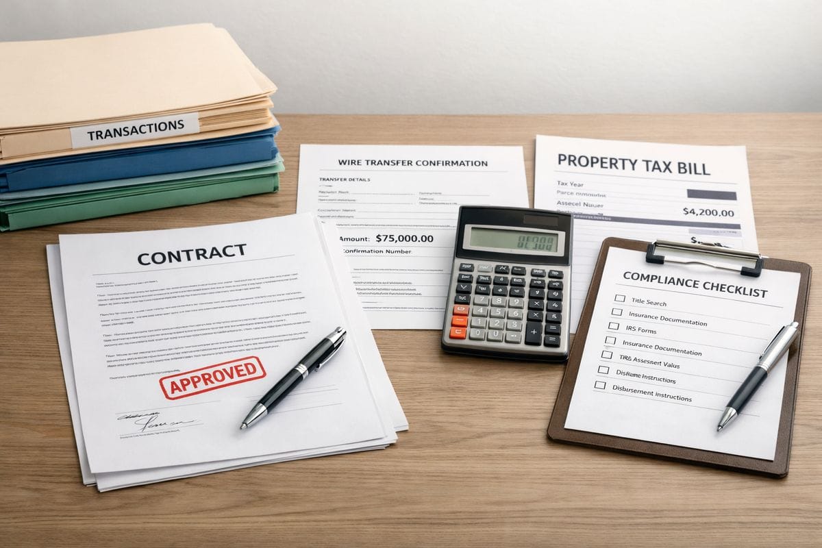 A neatly organized desk with stacked transaction folders, a stamped contract, a calculator, a wire confirmation sheet, a property tax bill, and a clipboard of compliance documents, illustrating the operational checks needed to keep a self-directed IRA real estate deal moving
