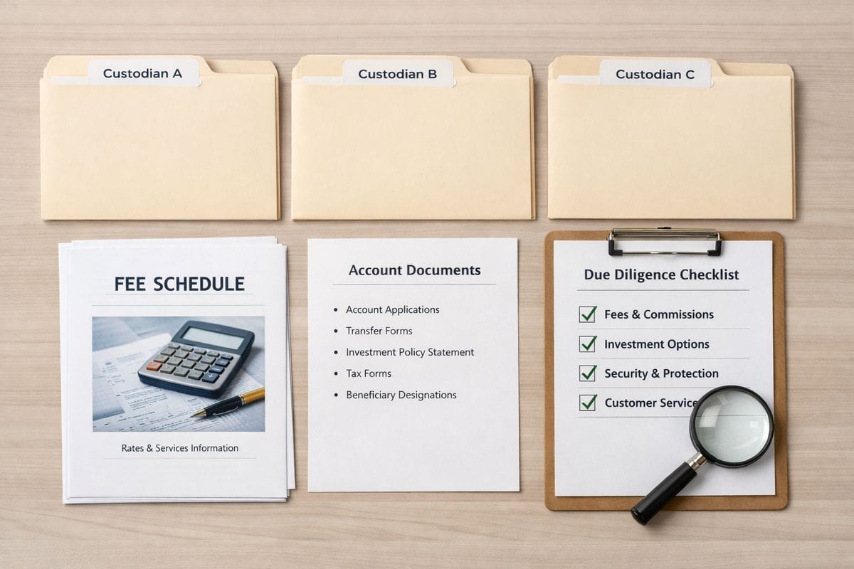 A tabletop comparison setup with three separate file folders, a printed fee schedule packet, a list of account documents, and a checklist beside a magnifying glass, suggesting a detailed evaluation of custodians before opening an account
