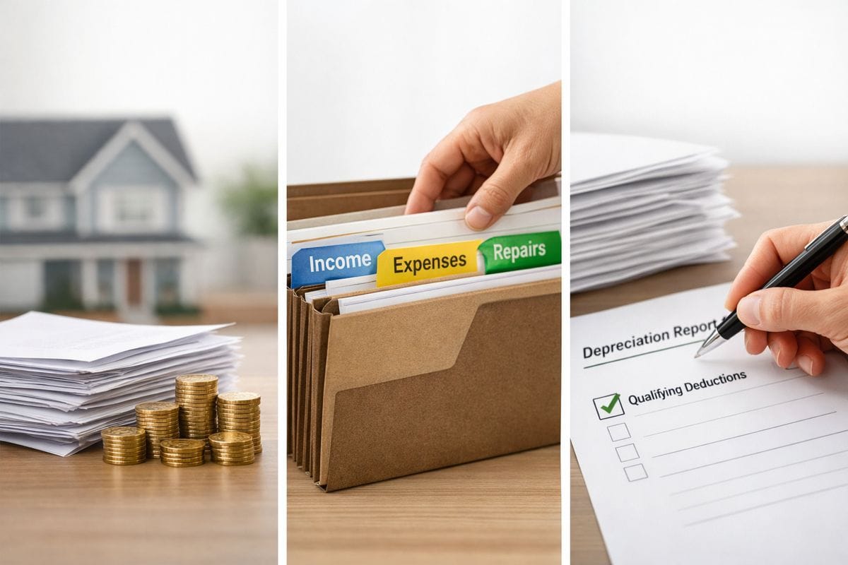 A three-step visual of a rental property owner’s tax treatment: a house with a stack of papers and coins in the foreground, then a folder of rental records being separated into three labeled-looking piles by colored tabs, and finally a hand placing a checkmark beside a stack of depreciation documents to show the shift from passive losses to qualifying deductions.