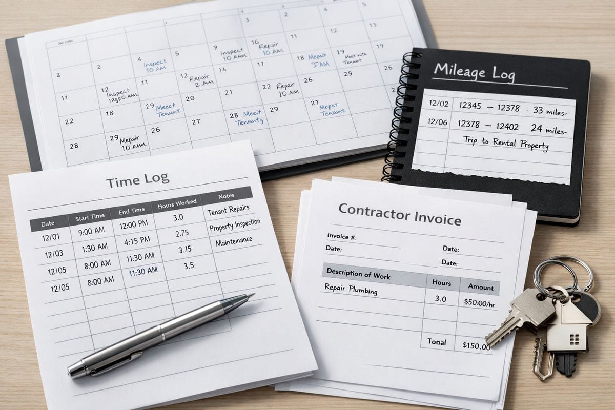 A close-up tabletop scene with a paper time log, a calendar filled with handwritten dates, a mileage notebook, contractor invoices, and a set of property keys beside them, showing someone assembling proof of hours spent managing rental work.