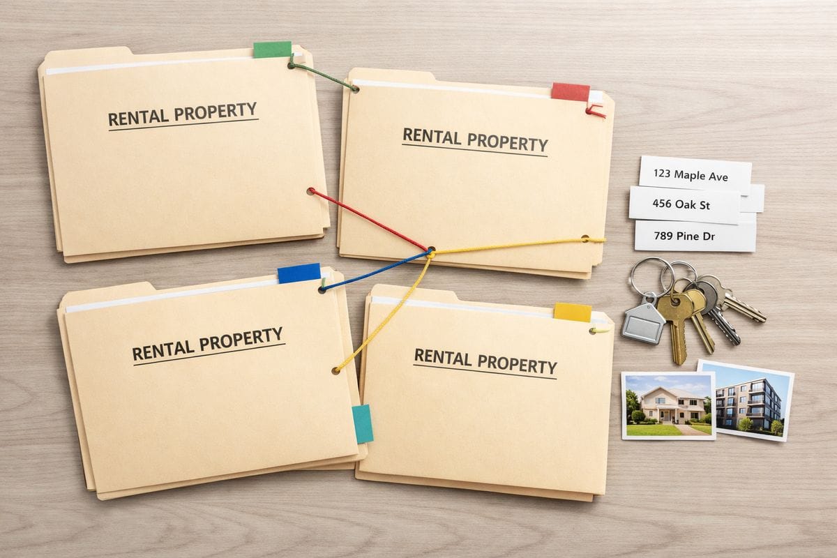 An overhead view of multiple rental property folders spread across a desk, with strings or colored sticky tabs linking them into one combined file, alongside a small cluster of different house keys and address cards arranged as a single grouped portfolio.