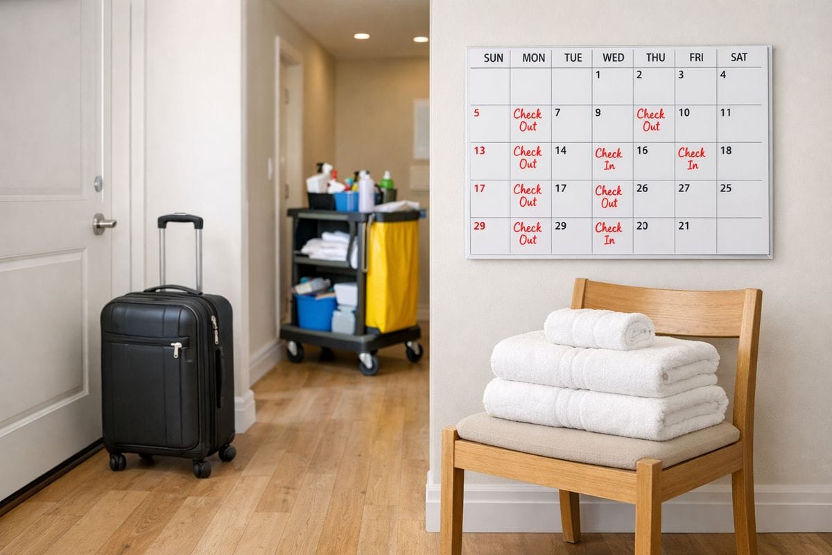 A vacation rental interior with a suitcase near the front door, fresh towels on a chair, a cleaning cart in the hallway, and a wall calendar marked by short guest stays, suggesting frequent turnover in a short-term rental property.