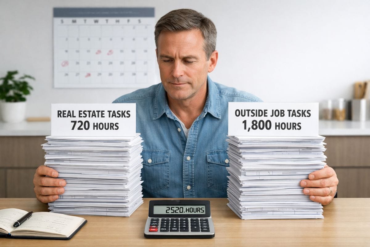 A homeowner at a kitchen table comparing two tall stacks of time records, one stack labeled by real estate tasks and another by outside job tasks, with a wall calendar and a calculator showing annual hour totals