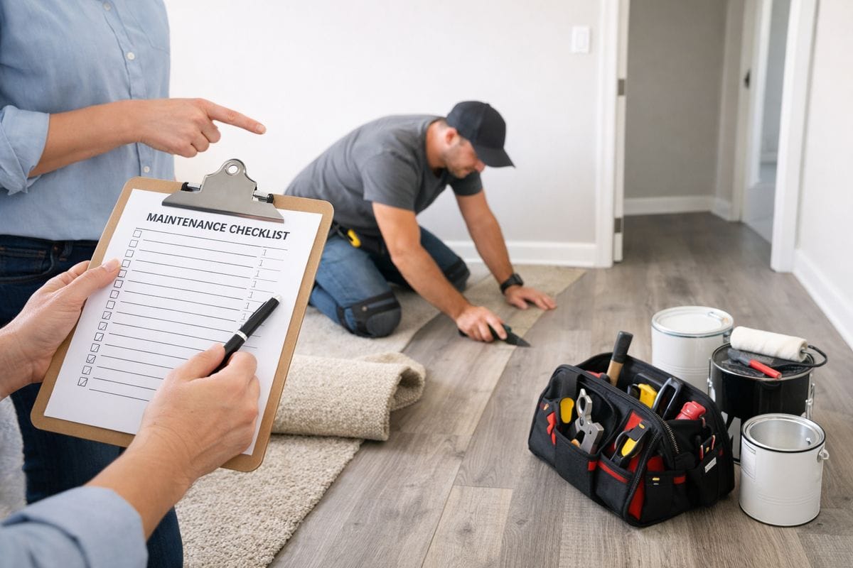 A rental property maintenance scene with a person supervising a contractor replacing flooring, while a clipboard, tool bags, paint cans, and a unit doorway show active hands-on involvement in the property