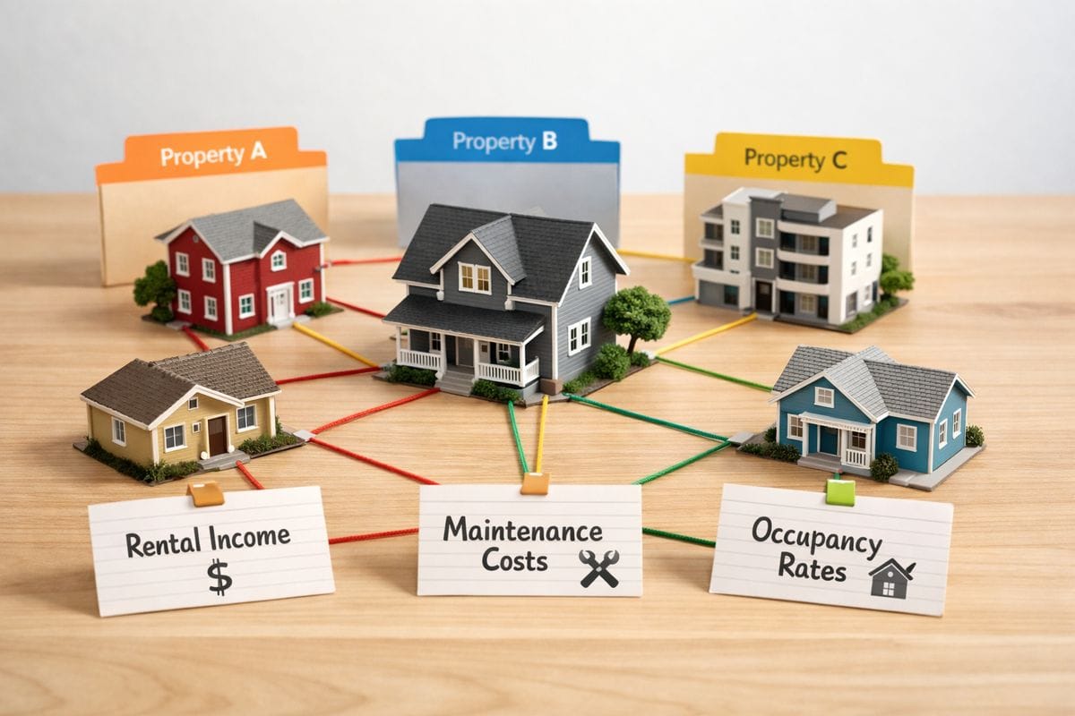 A tabletop layout of several miniature house models arranged into one cluster with strings, folder tabs, and index cards linking them together, suggesting multiple rentals being treated as a single portfolio