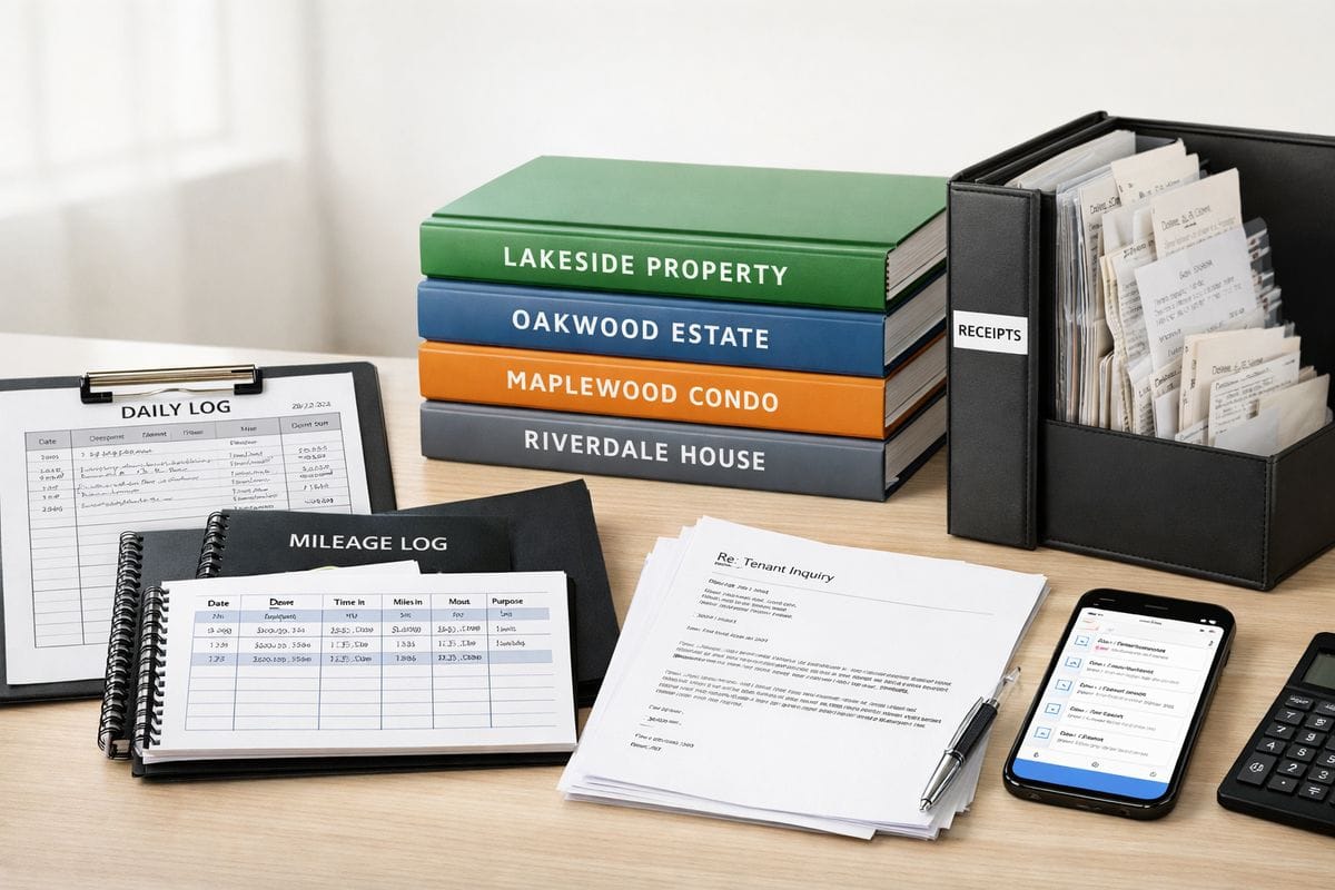 A neat filing setup with dated paper logs, printed emails, mileage notebooks, folder stacks for different properties, and a smartphone showing saved calendar entries next to a binder of supporting receipts