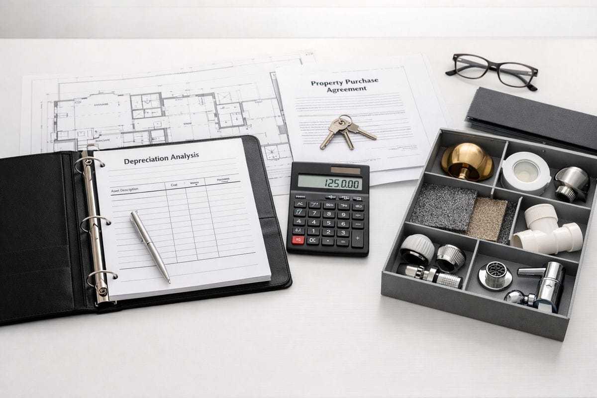 An opened binder beside architectural floor plans, a calculator, property purchase documents, and a box of separated building components such as lighting fixtures, carpet tiles, and plumbing parts laid out for depreciation analysis