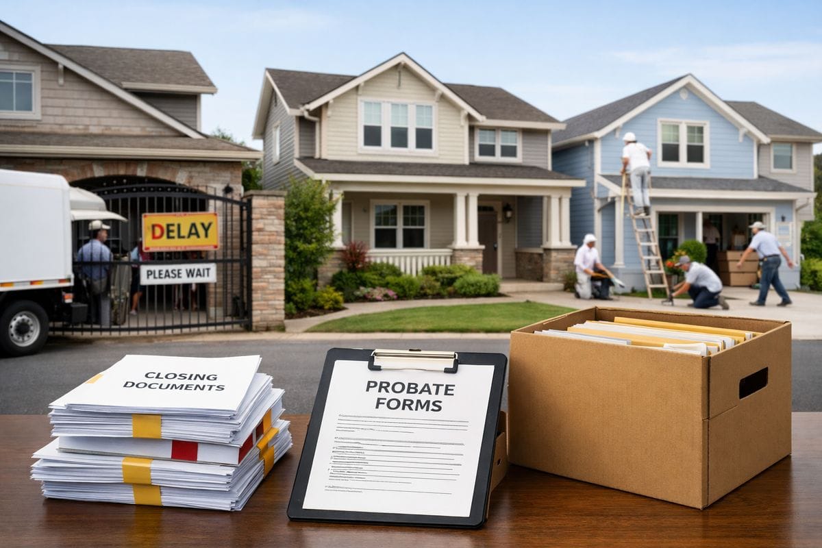 A row of rental houses with a moving truck, stacks of closing documents, and a clipboard beside a partially open file box, with one house showing a long delay at the front gate while another property has fresh paint and an active maintenance crew, illustrating transfer friction, probate delays, and continuity risk in an operating portfolio.
