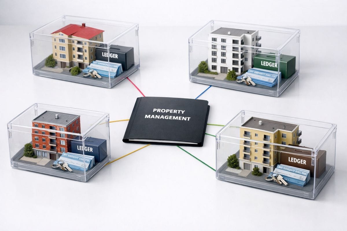 A set of miniature apartment buildings arranged into separate clear storage boxes, each box containing its own ledger binder, bank deposit slips, and keys, with one central folder connected to all of them by colored strings, showing property segregation, separate records, and centralized ownership structure.
