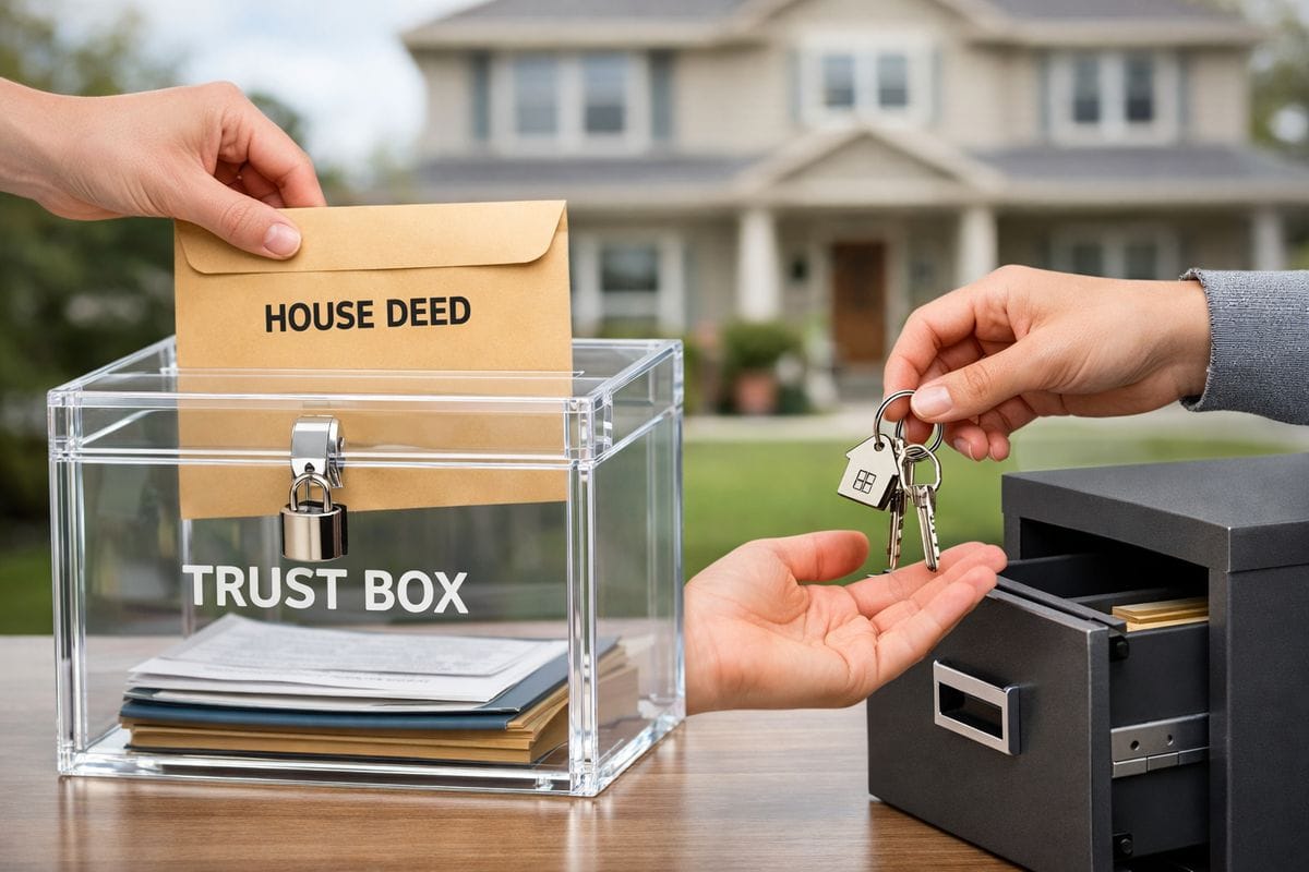A close-up scene of a house deed envelope being placed into a locked transparent trust box, with a second set of keys handed from an older file cabinet to a successor file drawer, and a home in the background remaining occupied and maintained, showing probate avoidance, successor control, and continued property management.