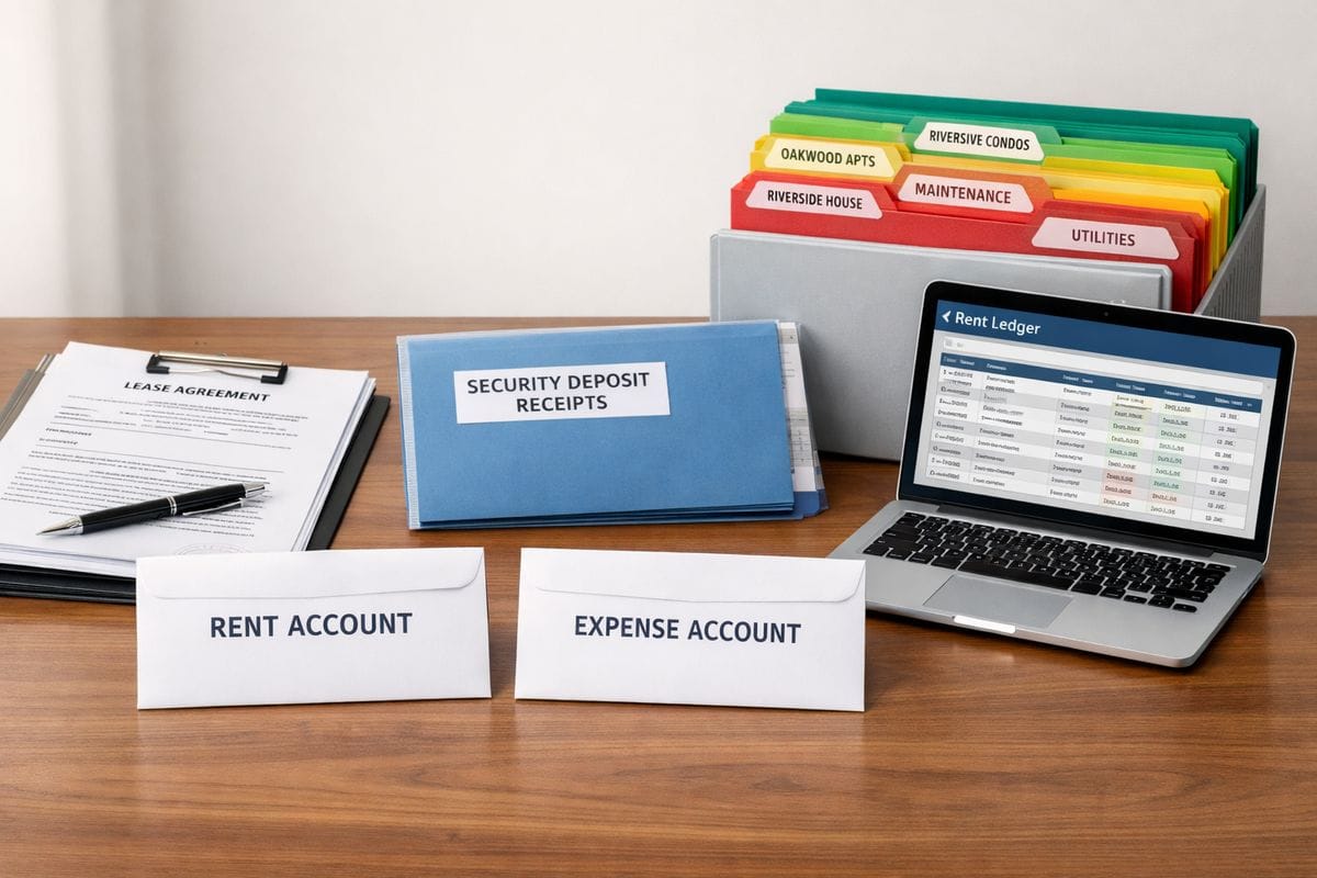 A rental property office setup with two separate bank account envelopes on a desk, a stack of lease papers, a folder of security deposit receipts, a laptop showing a rent ledger, and color-coded file folders for different properties and expense types.
