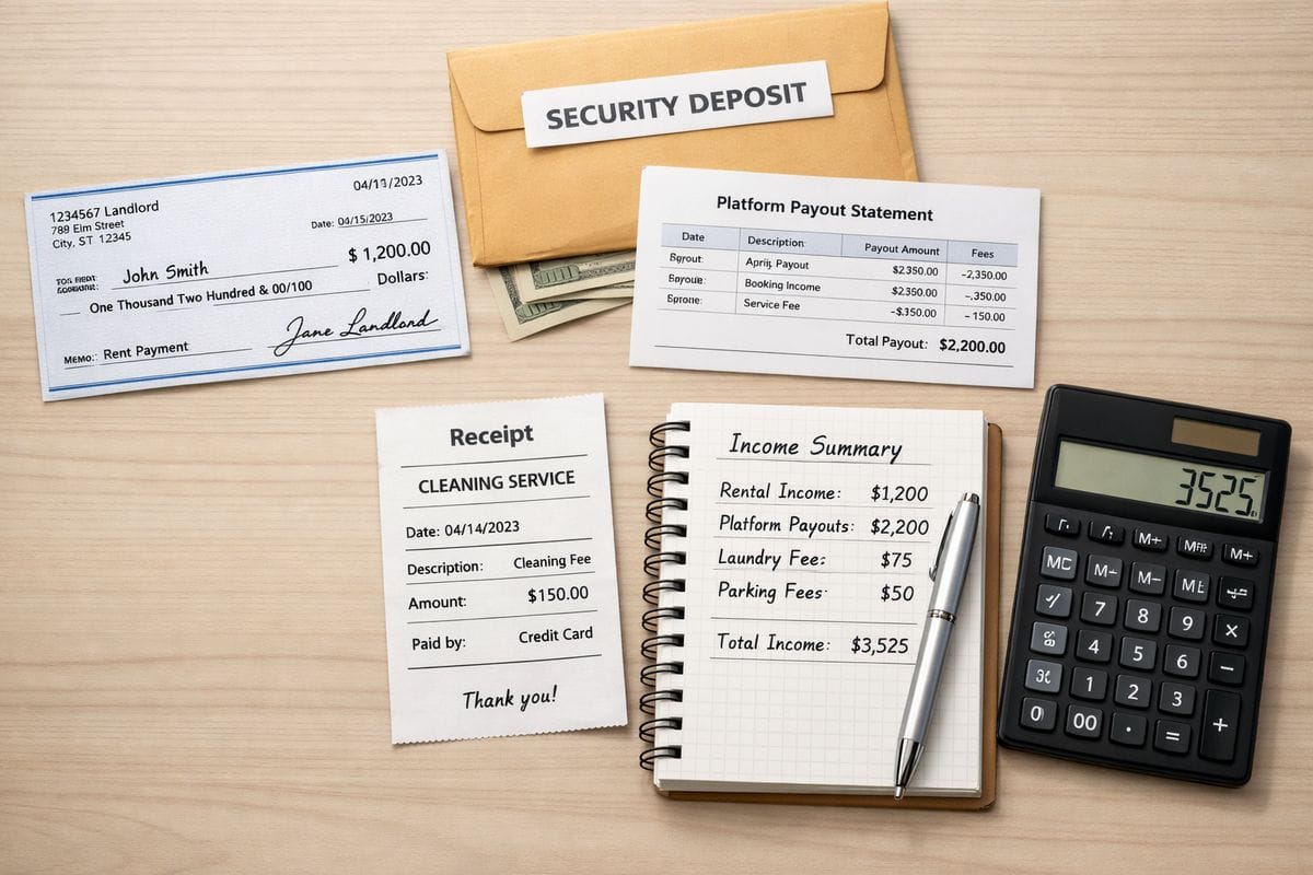A close-up of a landlord's accounting records spread across a table, including a rent check, a security deposit envelope, a platform payout statement, a receipt for cleaning fees, and a calculator beside a notebook with income entries organized by source.