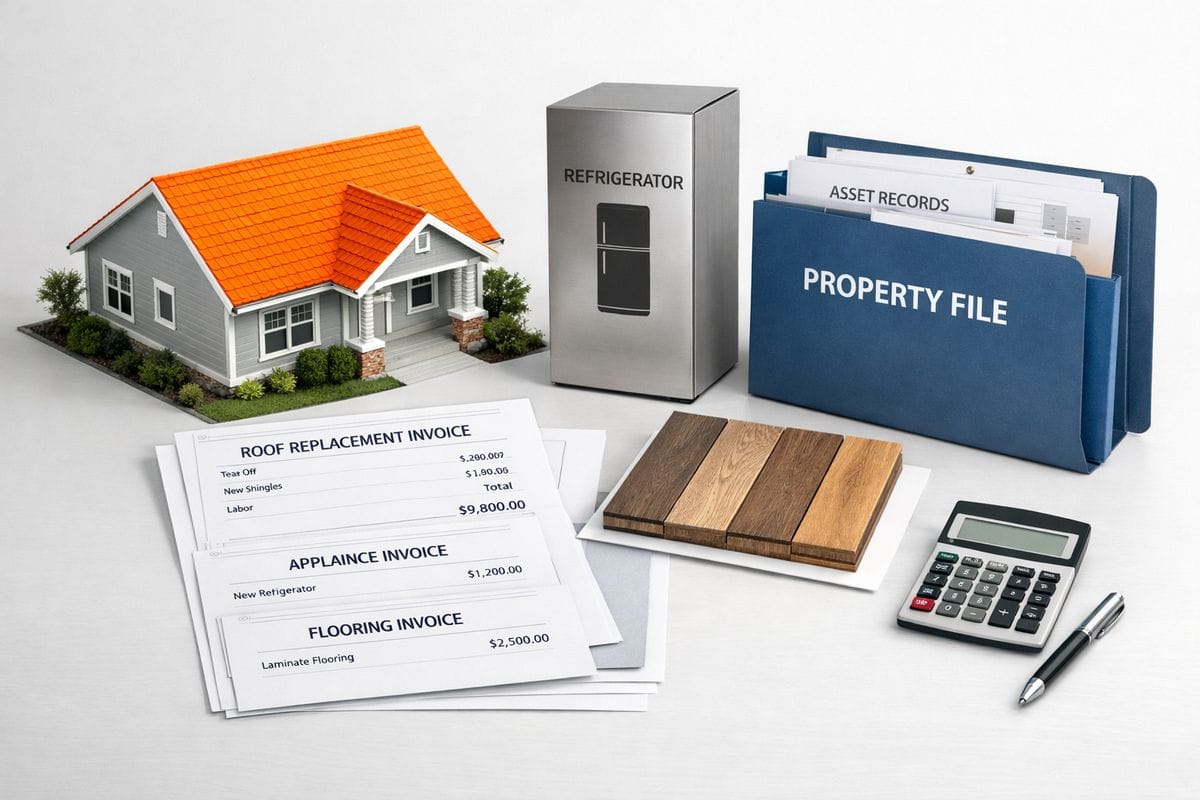 A residential rental house with its roof highlighted as a separate project, alongside neatly arranged invoices for a roof replacement, an appliance box, a flooring sample, and a property folder with asset records and depreciation paperwork.