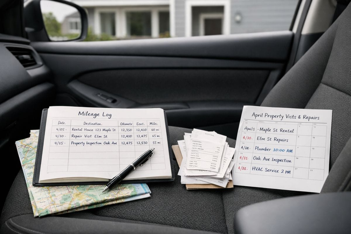 A car parked outside a rental house with a handwritten mileage notebook on the front seat, a folded paper map, a stack of receipts, and a calendar page showing property visits and repair appointments