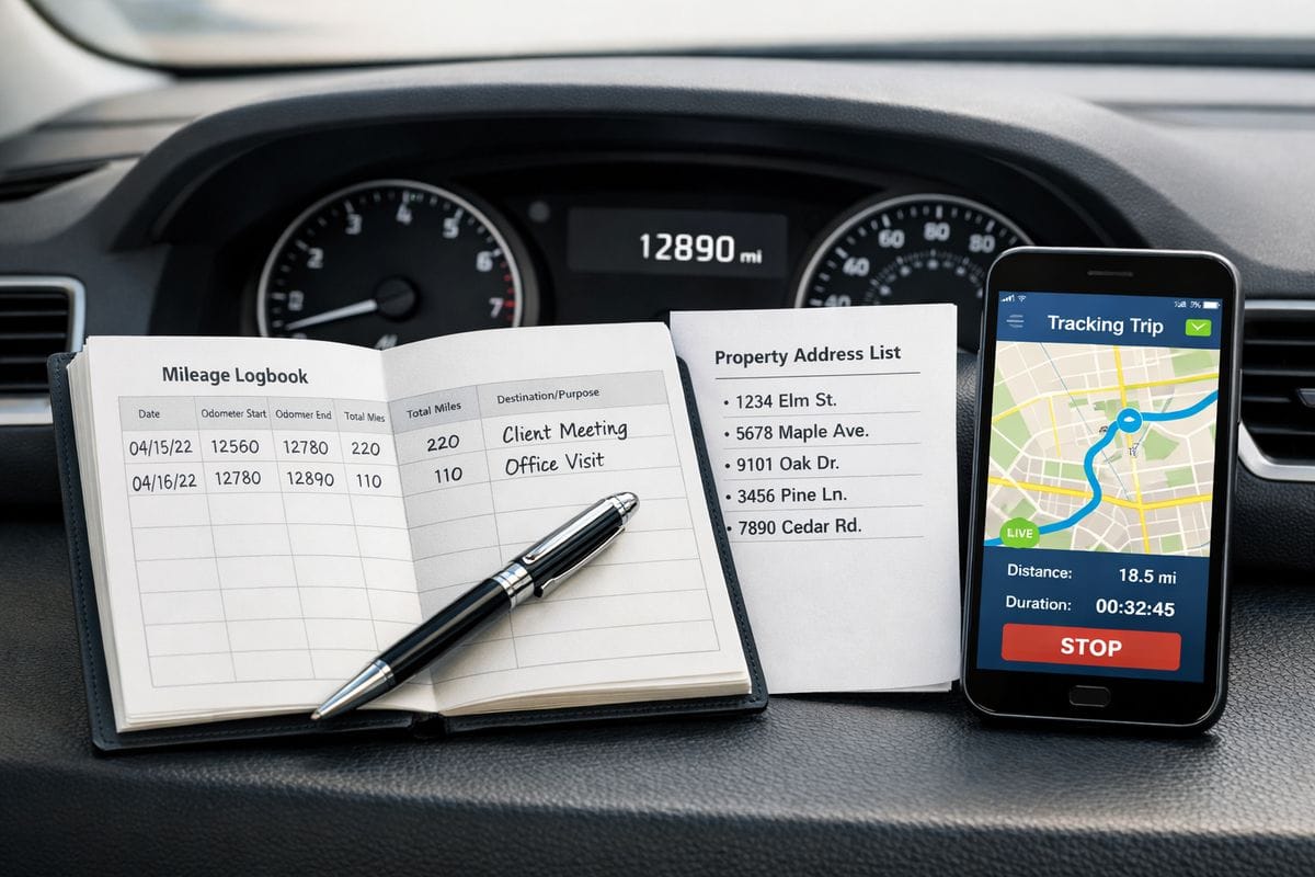 An open mileage logbook beside a vehicle dashboard showing an odometer reading, with a pen, a property address list, and a smartphone displaying a GPS trip-tracking screen