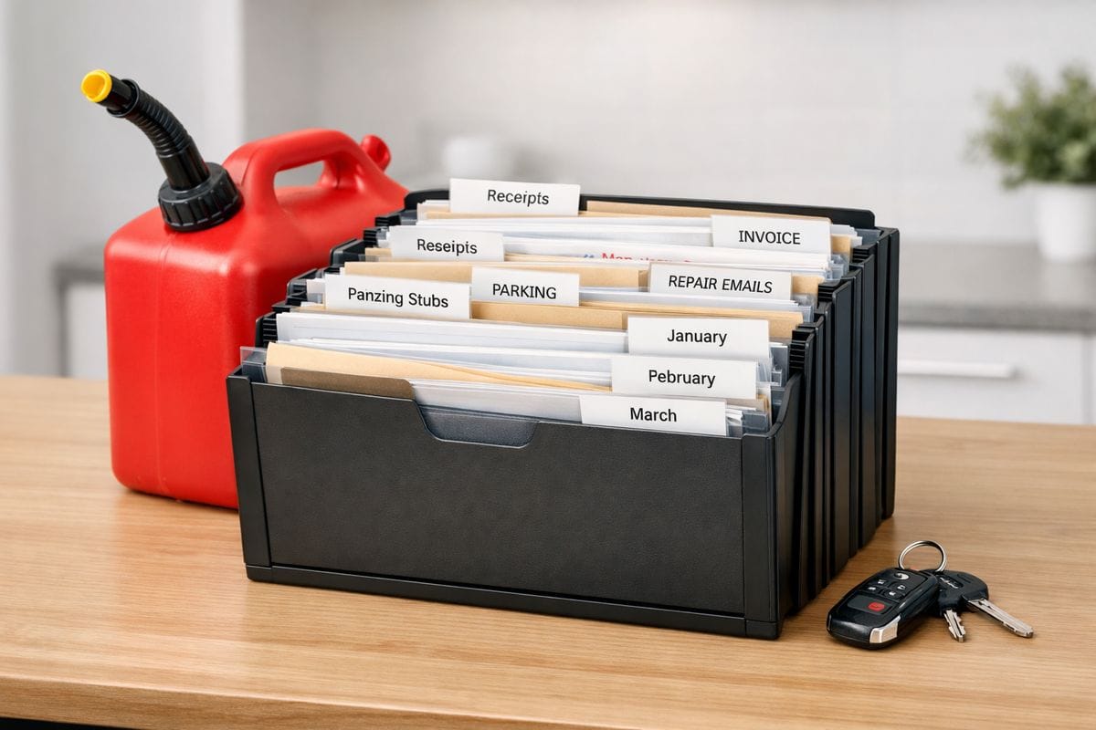 A file organizer with receipts, contractor invoices, parking stubs, and printed repair emails sorted into folders labeled by month, next to a fuel can and a set of car keys on a kitchen table