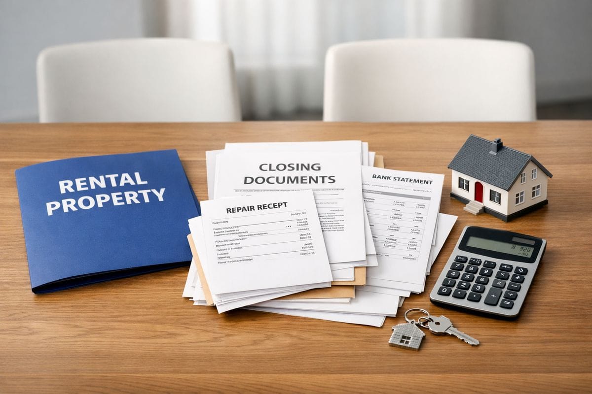 A dining table covered with a rental property folder, a stack of closing documents, repair receipts, bank statements, and a calculator beside a house key and a miniature model home, suggesting the paperwork needed to prove rental income, expenses, basis, and depreciation