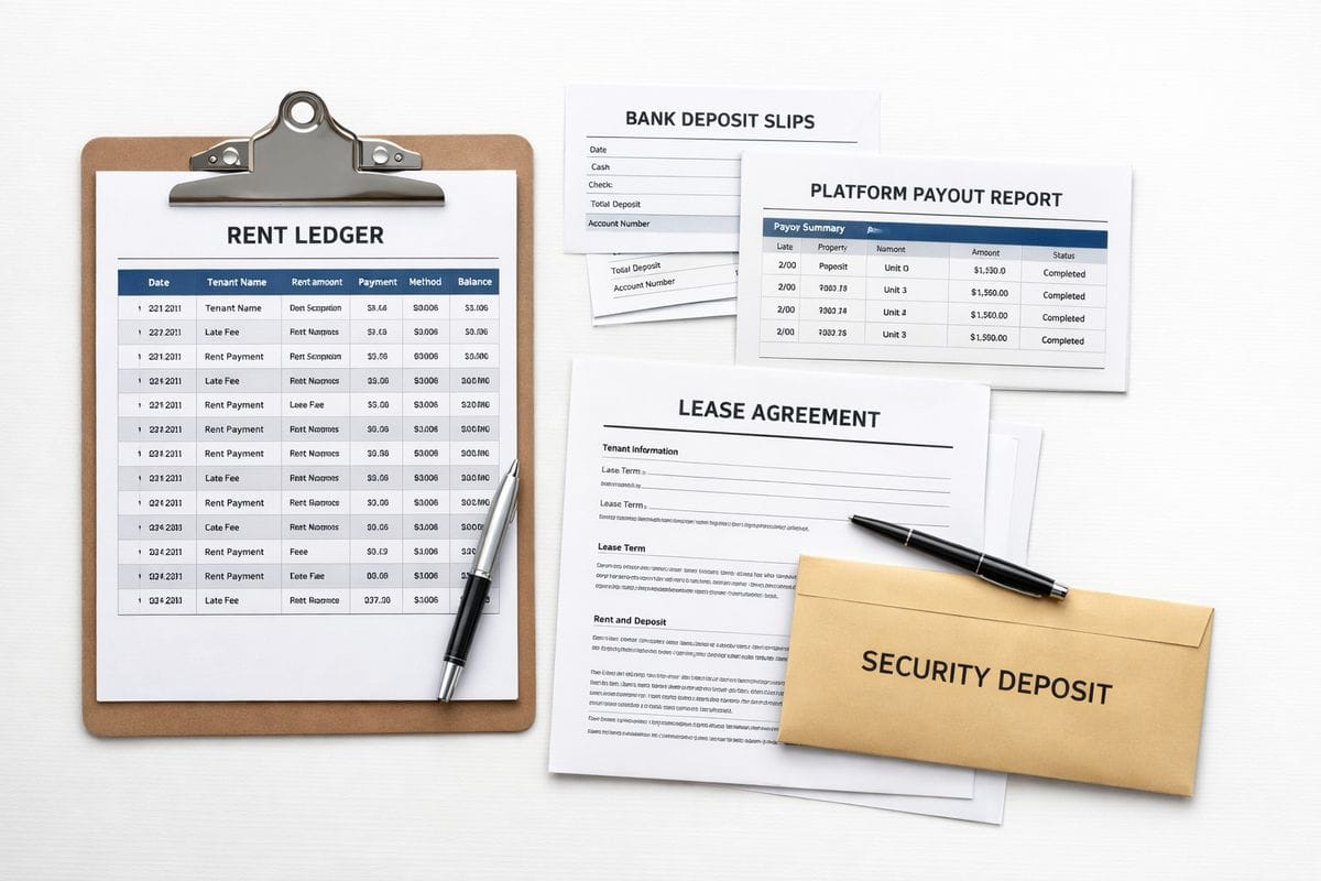 A clipboard holding a rent ledger next to printed bank deposit slips, a platform payout report, a lease agreement, and a security deposit envelope, arranged like a reconciliation workspace for tracking rental income and tenant payments