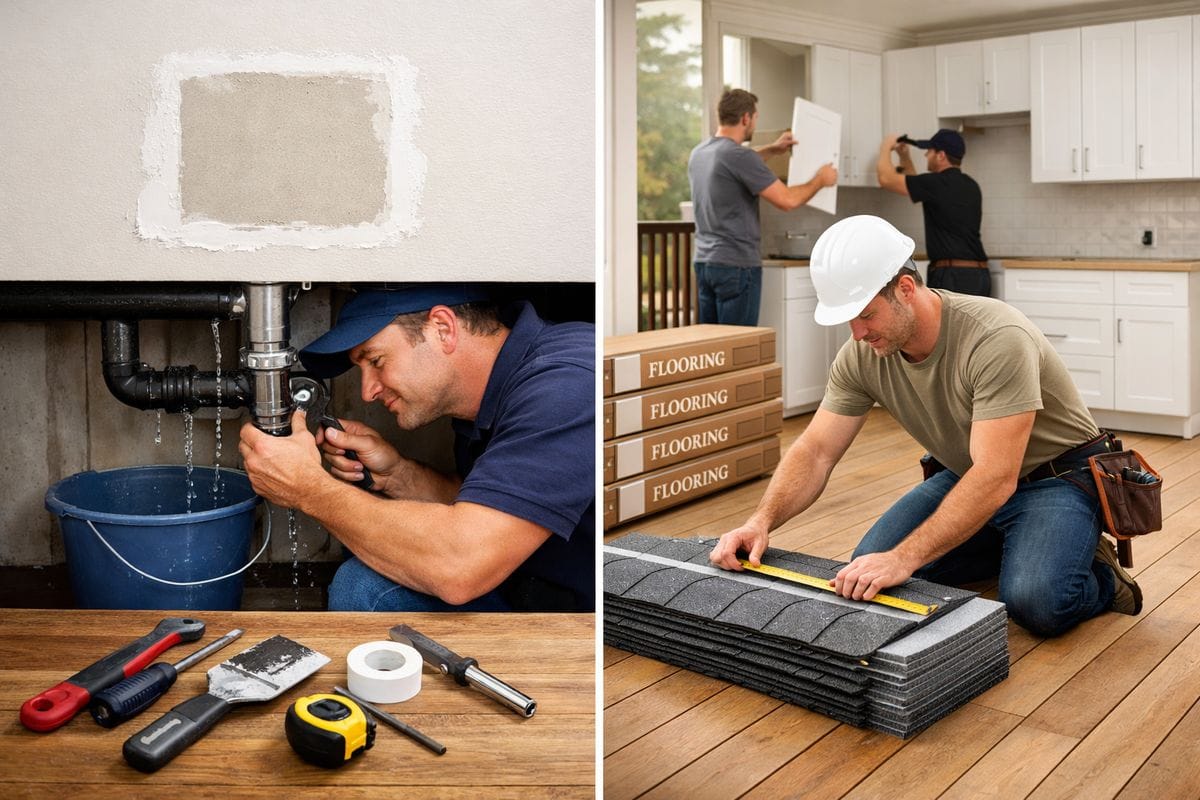 A split work scene around a rental kitchen and deck: on one side a handyman’s small repair tools, a patched wall section, and a plumber fixing a leaking pipe; on the other side a contractor measuring a new roof bundle, stacked flooring boxes, and a kitchen cabinet set being installed