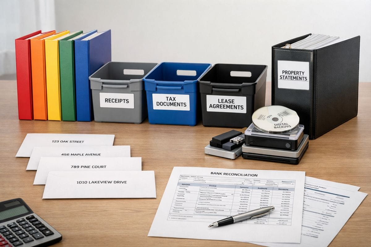 A row of color-coded file folders, labeled storage bins, and neatly arranged digital document backups beside a binder of property statements, with separate envelopes for each rental property and a bank statement reconciliation sheet spread across a desk