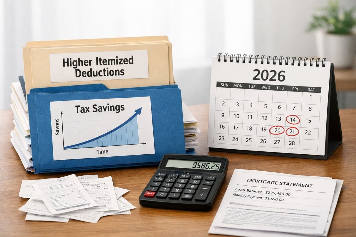 A stack of tax documents beside a calculator and a desk calendar marked for 2026, with one folder labeled by context through the surrounding narrative as higher itemized deductions and another showing a line graph of rising tax savings over time, set on a home office desk with receipts and a mortgage statement nearby