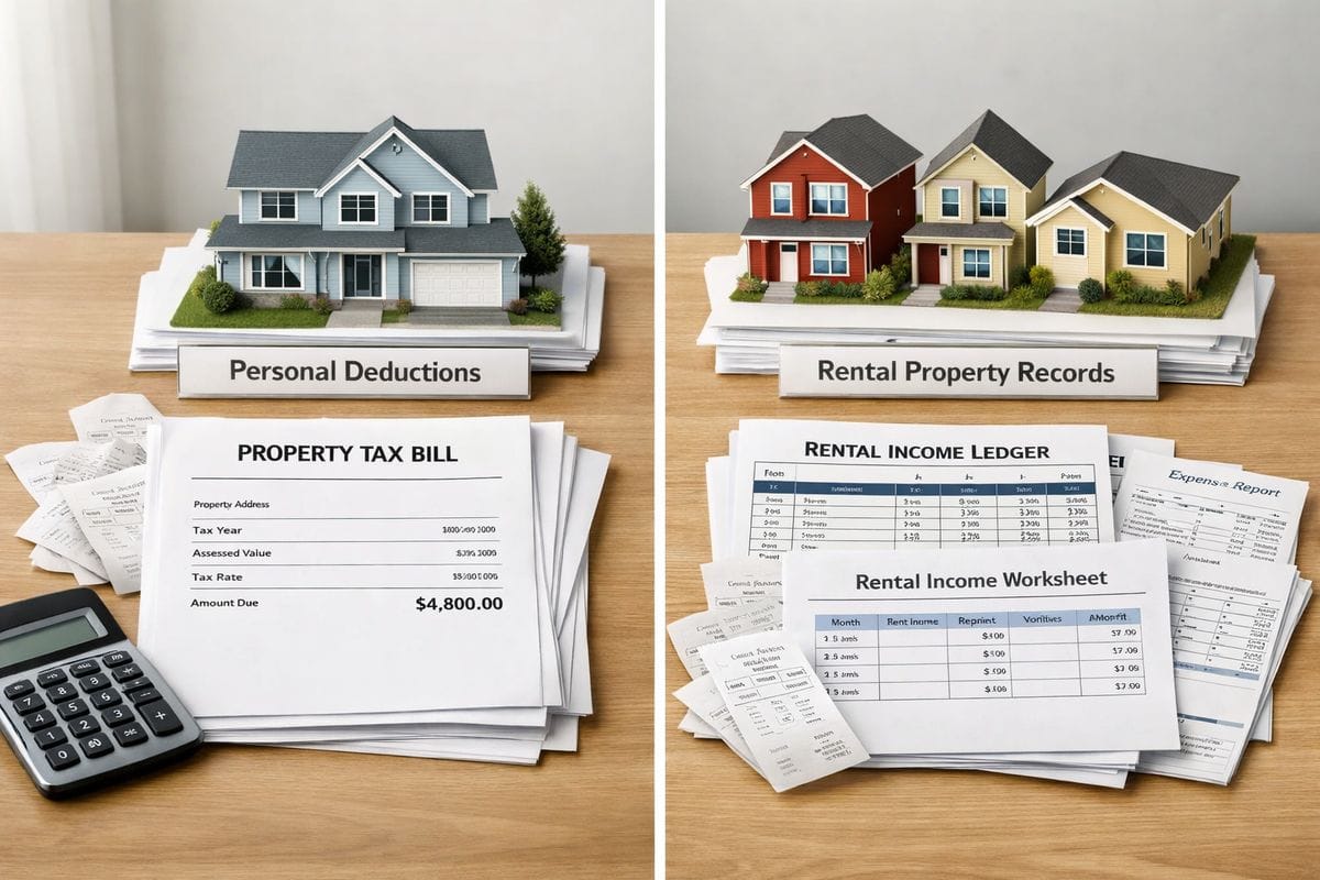 A split desktop scene showing a personal home property tax bill and a rental property ledger separated into two piles, with a single-family house illustration on one side and three rental houses on the other, plus receipts and a rental income worksheet arranged to emphasize that the home tax belongs with personal deductions while the rental taxes stay with the rental records