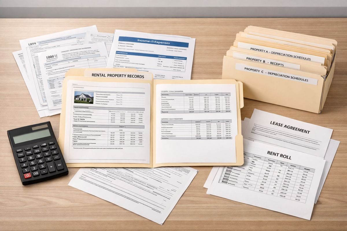 A desktop workspace with a manila folder open to rental property records, scattered tax forms, a mortgage statement, an insurance statement, a lease agreement, a rent roll printout, and a calculator beside a neat stack of prior-year depreciation schedules and receipts organized into separate property files