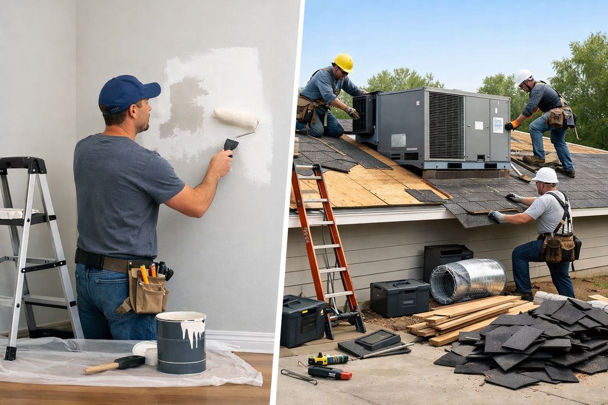 A split rental-property repair scene showing one side with a handyman patching drywall and repainting a small wall, and the other side with workers replacing an entire roof and installing a new HVAC unit, with tools, lumber, ladders, and removed materials visible around the house
