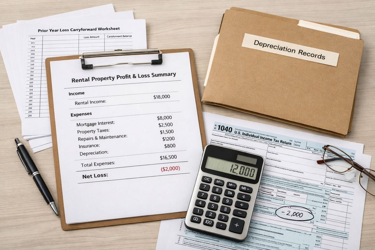 A tax preparation desk with a rental property profit-and-loss summary, a calculator, a stack of prior-year loss carryforward worksheets, and a folder of depreciation records arranged next to a partially completed tax return, suggesting a review of deductible losses and suspended amounts