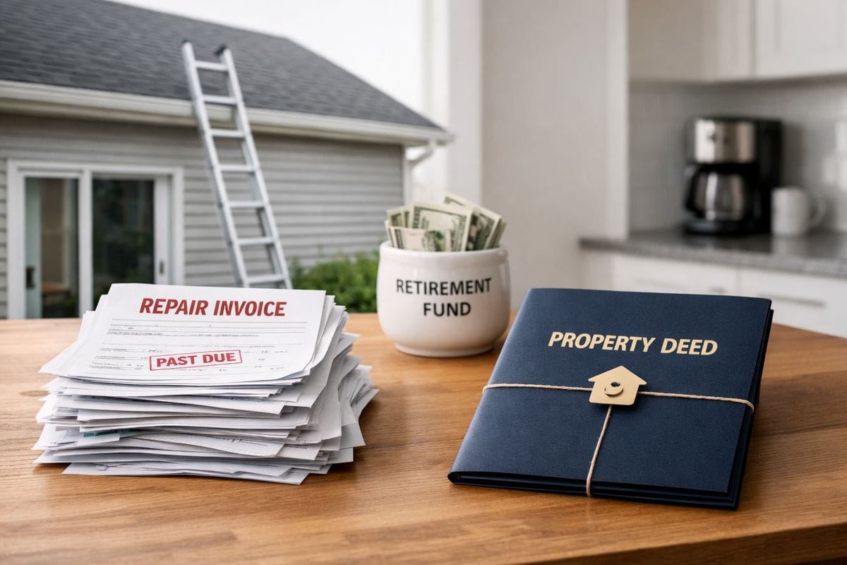 A rental house owned through retirement funds sitting next to a stack of unpaid repair invoices, a roof ladder leaning against the siding, and a sealed property deed folder on a kitchen table, showing how one small real estate mistake can put the entire investment at risk.
