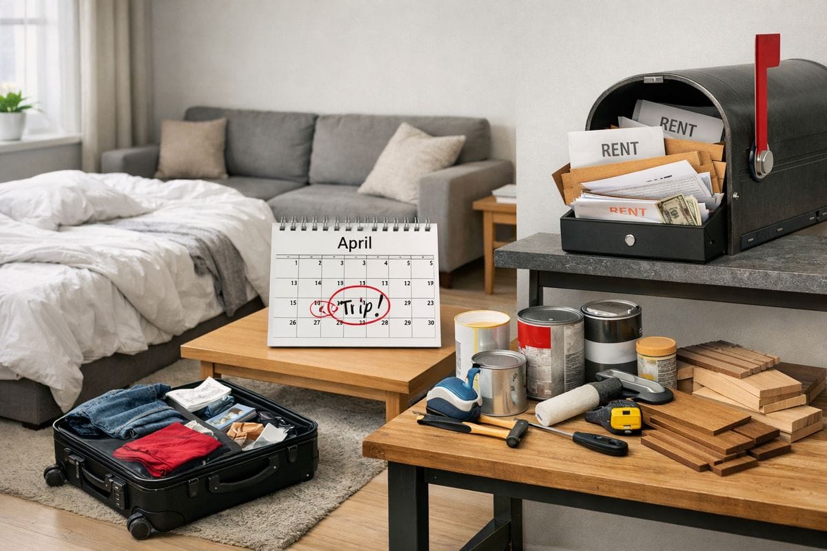 A short-term rental living room with an unmade bed, a suitcase opened on the floor, and a calendar page marked for a brief personal stay, alongside a mailbox filled with rent envelopes and a workbench with paint cans and flooring tools to reflect prohibited personal use, family occupancy, repairs, and cash handling mistakes.
