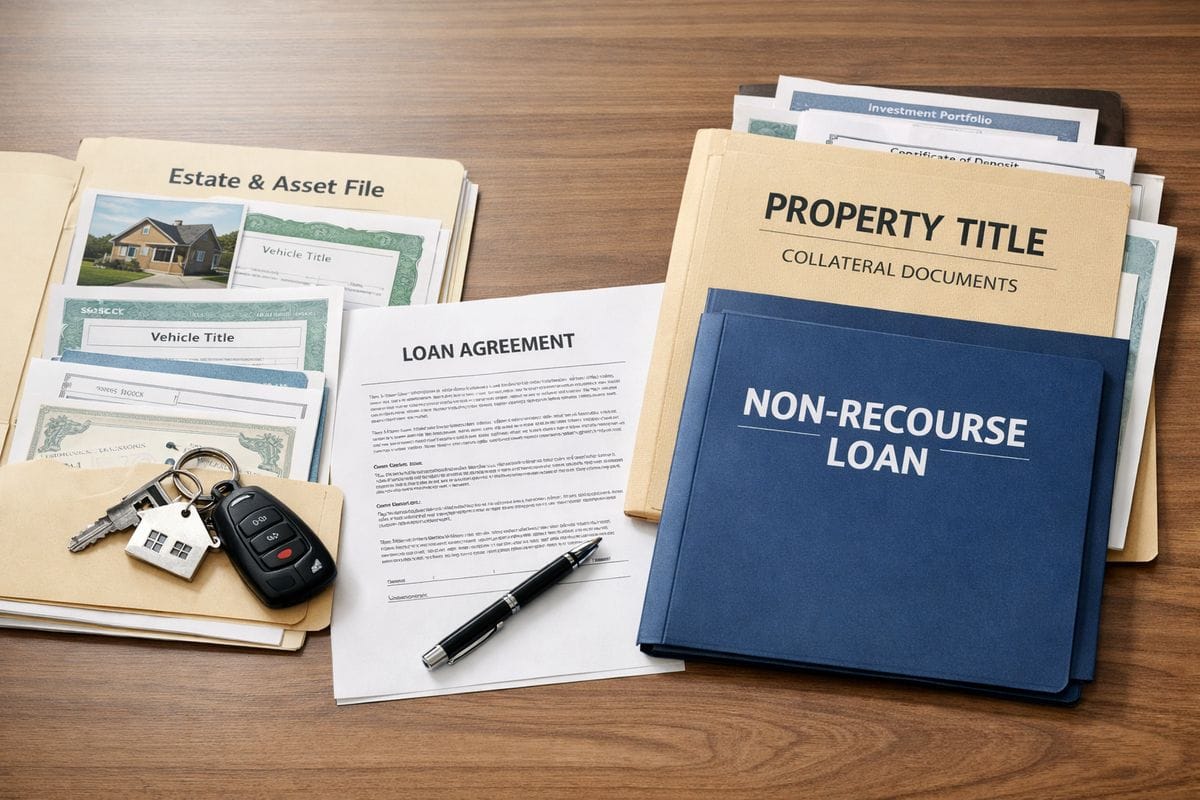 A house file spread across a closing table beside a loan agreement, a pair of house keys, and a large set of car keys and personal asset documents being used as collateral, with a separate non-recourse-style lending scene implied by a property title packet and an isolated loan folder, emphasizing risky guarantees and credit support.