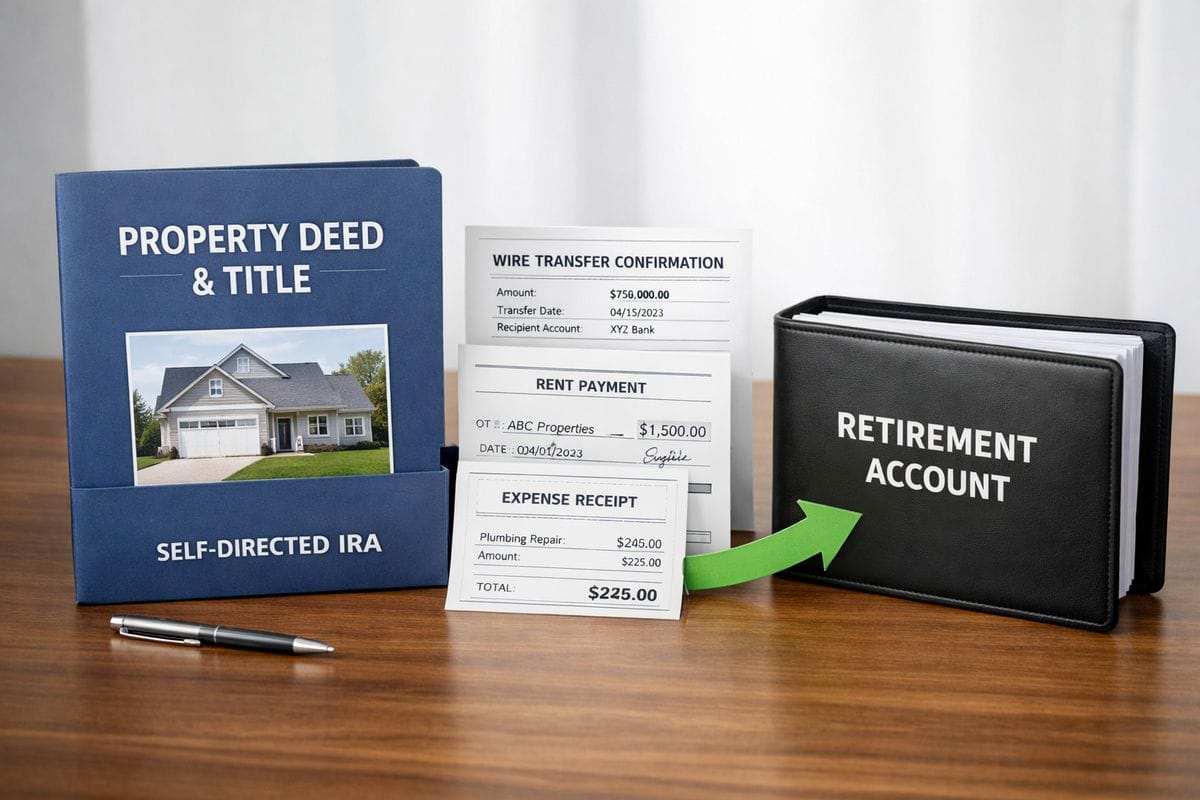 A self-directed IRA holding a single-family rental house, shown as a property deed and title folder on a table beside a wire transfer confirmation, a rent check, and an expense receipt being routed into a retirement account