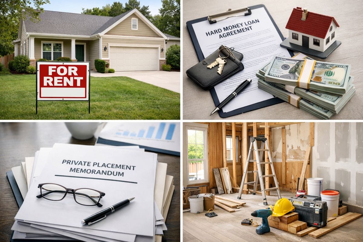 A split real-estate investing scene with a rental house, a hard-money loan secured by a property, a stack of private placement documents, and a house under renovation with tools and construction materials, all arranged to show different SDIRA investment options