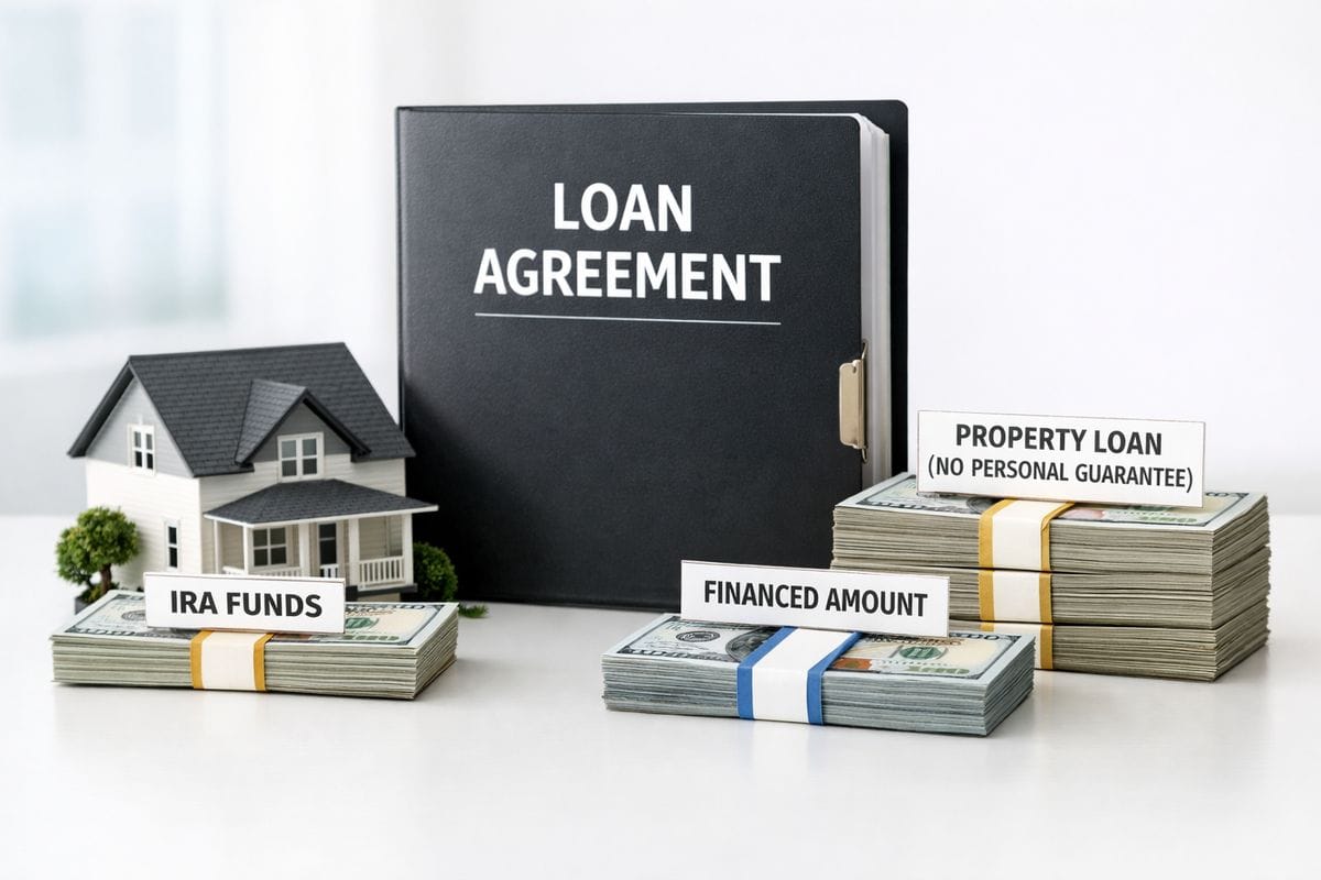 A non-recourse loan setup for a rental property, showing a house, a loan agreement folder, a stack of cash representing IRA funds, and a second stack tied to the property instead of a personal guarantee, with the financed portion visually separated from the rest