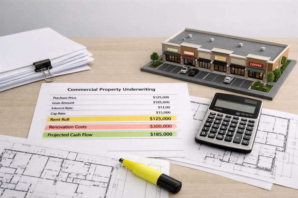 A commercial property underwriting table with a stack of deal documents, a calculator, a set of building floor plans, and highlighted line items for rent roll, renovation costs, and projected cash flow, with a small model of a strip center beside it.