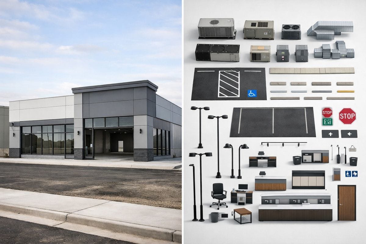 A split visual of a commercial building shell on one side and a tray of separate asset components on the other side, including removable HVAC units, parking lot sections, light poles, and interior fixtures laid out for classification.