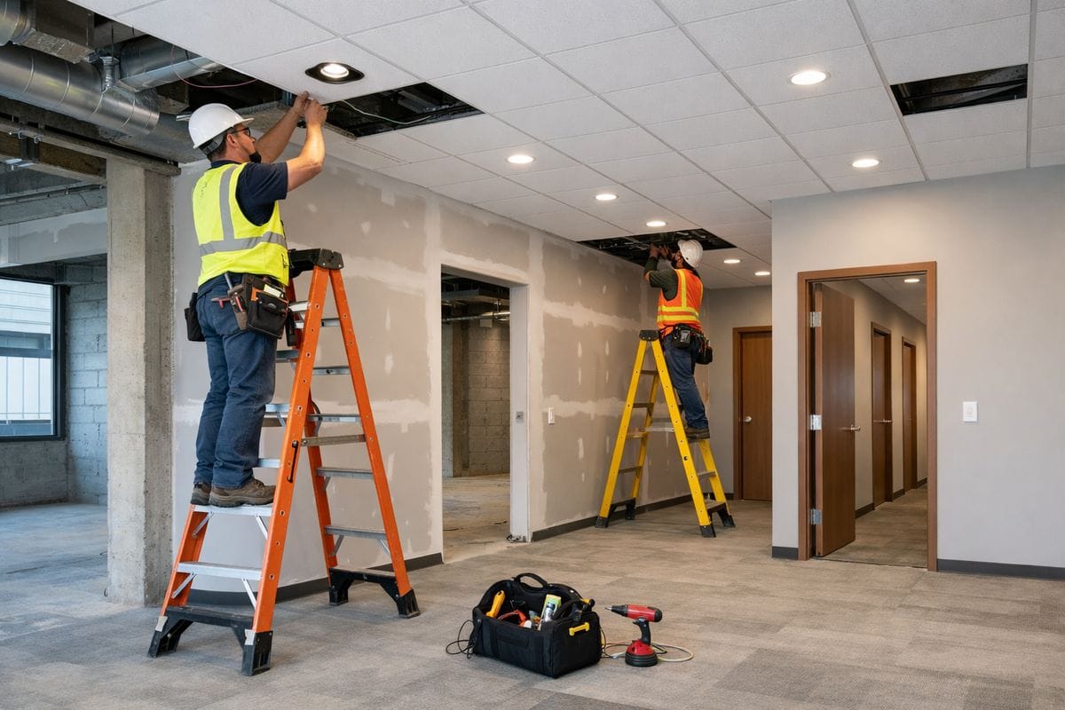 The interior of an unfinished office suite under renovation, showing new drywall, ceiling tiles, flooring, interior doors, and electricians working on recessed lighting, with the building shell clearly already existing around the space.