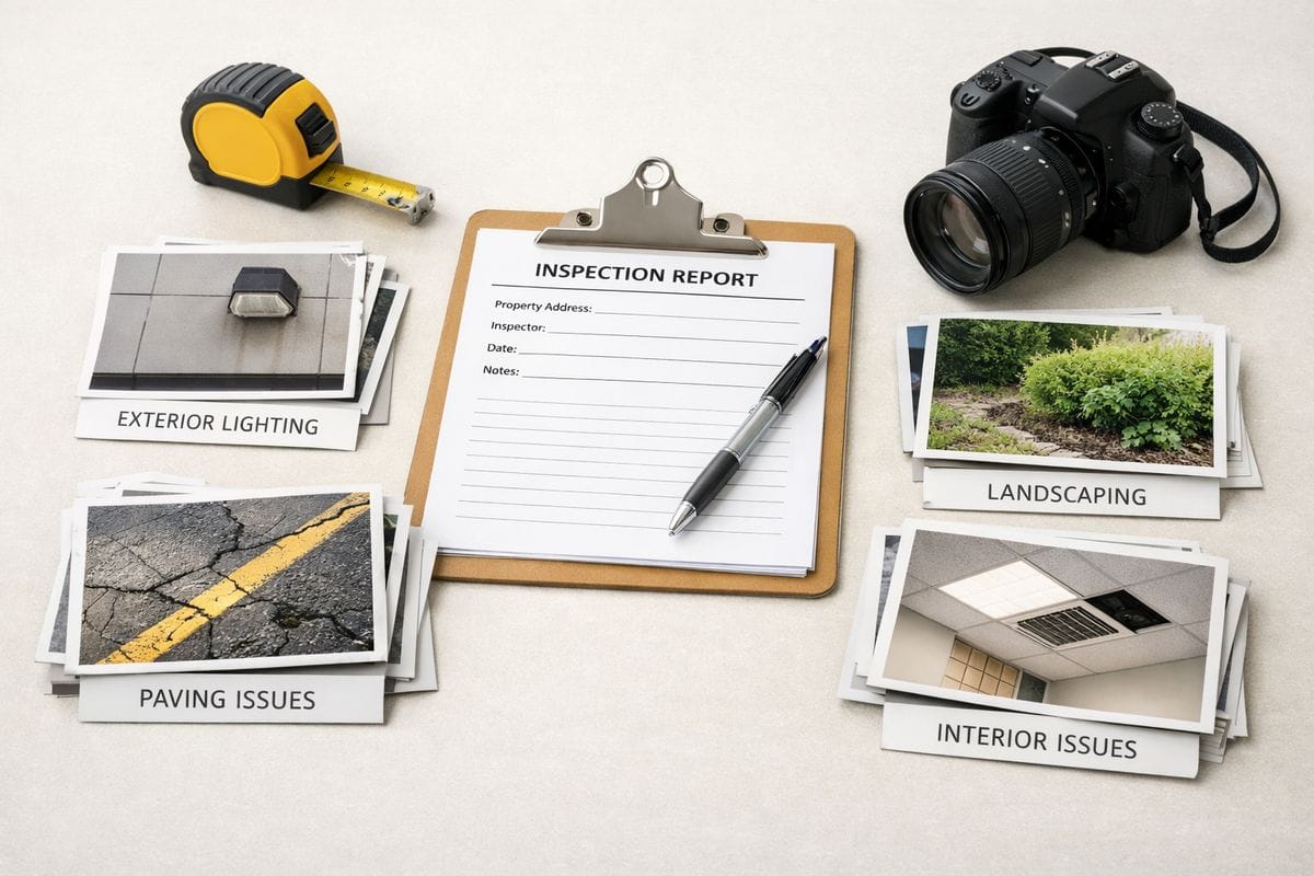 An engineering-style property inspection scene with a measuring tape, clipboard, camera, and close-up views of parking lot paving, exterior lighting, landscaping, and interior building components being documented and separated into different piles.