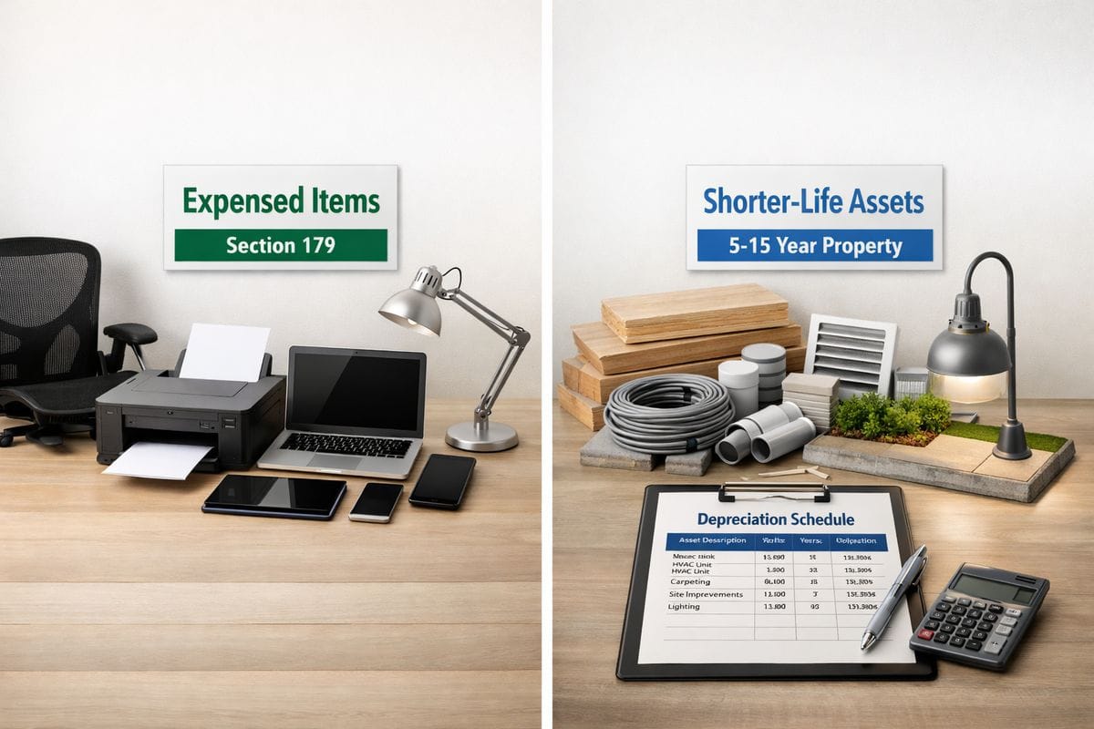 A side-by-side comparison scene showing two piles of categorized property assets: one with selected equipment and fixtures marked for expensing, and another with shorter-life building components and site improvements arranged next to a depreciation schedule sheet.