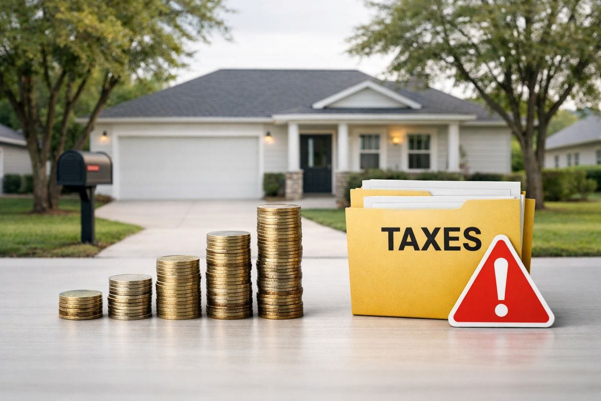 A neatly staged rental house with a mailbox, driveway, and mature trees in front, overlaid with a visual contrast of a growing stack of coins on one side and a warning symbol beside a tax document folder on the other, suggesting long-term tax-advantaged growth balanced against compliance risk