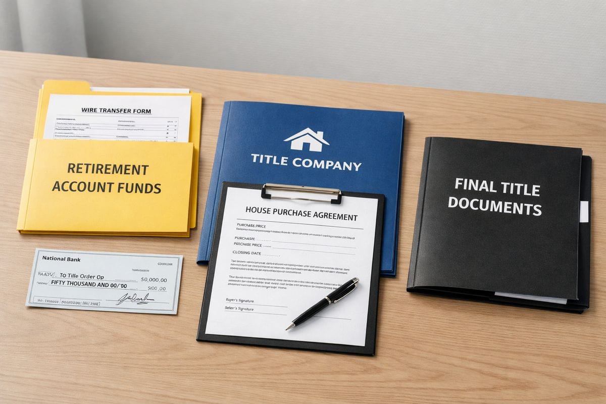 A closing table with a house purchase agreement, wire transfer paperwork, a title company folder, a bank check, and a folder labeled for retirement account funds, arranged in stages from funding to contract signing to final title transfer