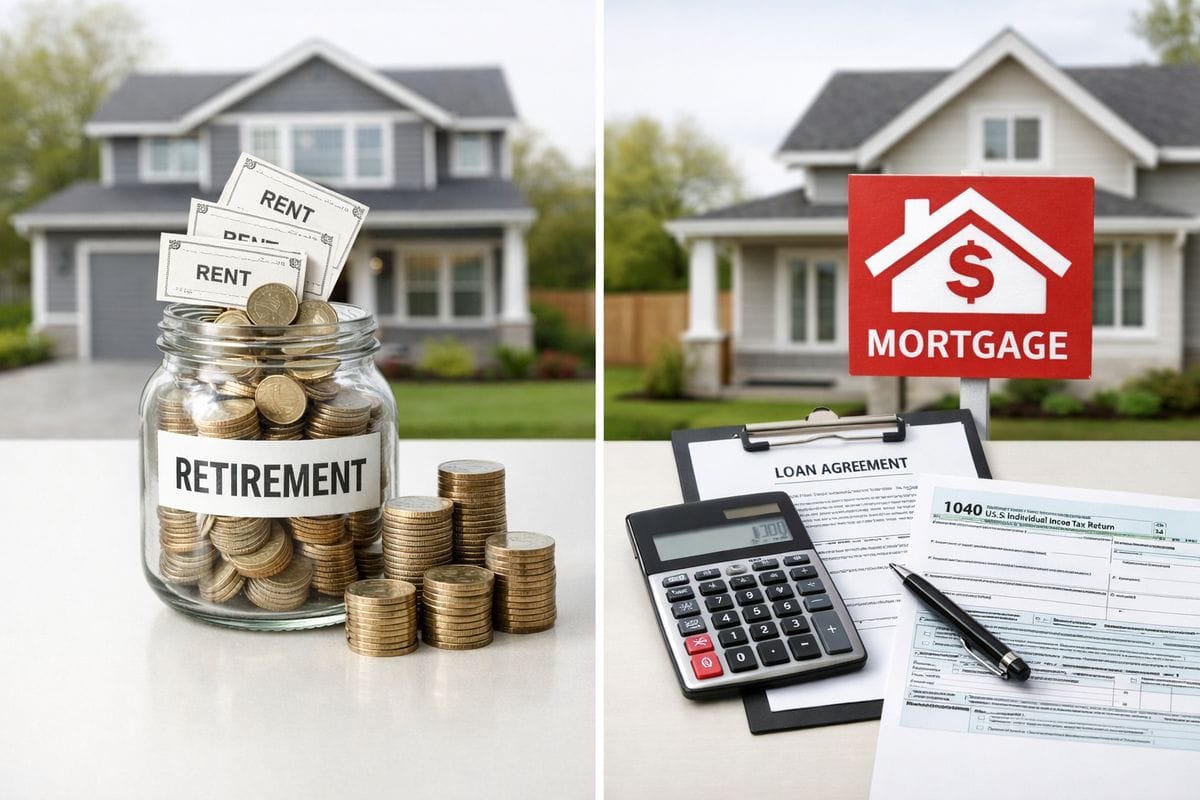 A split scene showing a rental property on one side feeding rent checks and coin stacks into a retirement account jar, while on the other side a financing calculator, loan documents, and a tax form sit beside a property with a mortgage symbol, illustrating debt-driven tax exposure
