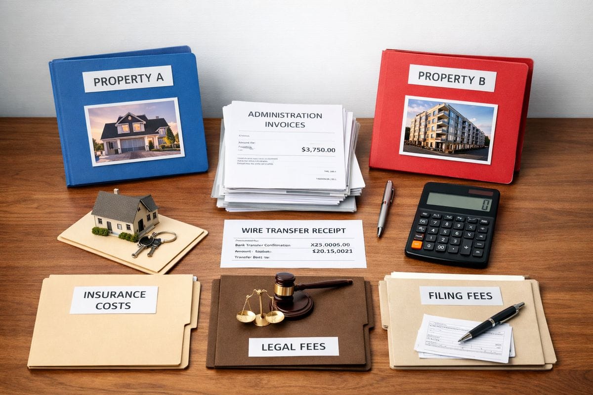 A real estate deal comparison layout with two property folders, a stack of administration invoices, a wire transfer receipt, a calculator, and a row of expense items such as insurance, legal, and filing documents spread across a desk to show fee drag and net return analysis